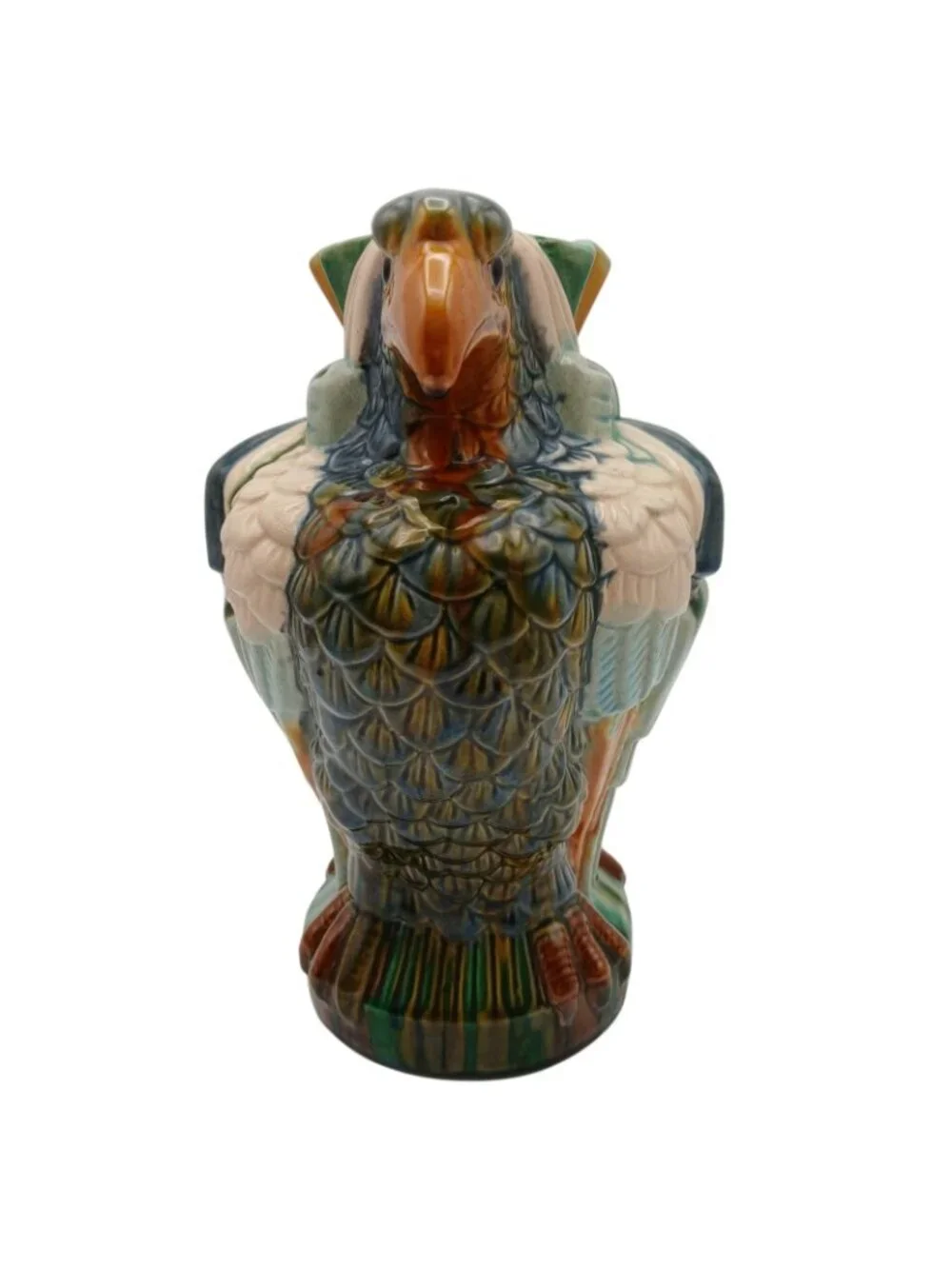 Majolica Double Eagle Head Vase Sculptural Ceramic Urn 9.5